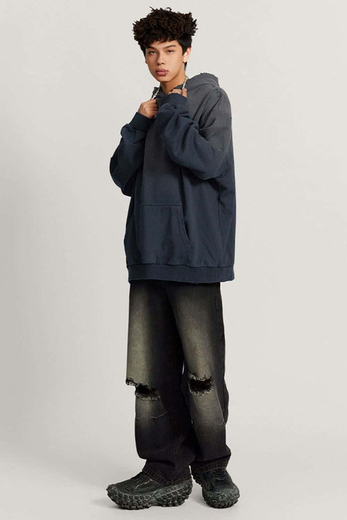 Ultra-Heavyweight Gradient-Wash Distressed Hoodie in Royal Blue - full-length front modeled view