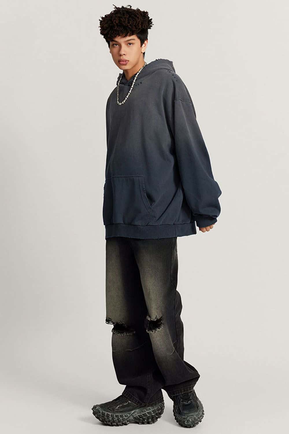 Ultra-Heavyweight Gradient-Wash Distressed Hoodie in Royal Blue - full-length front modeled view