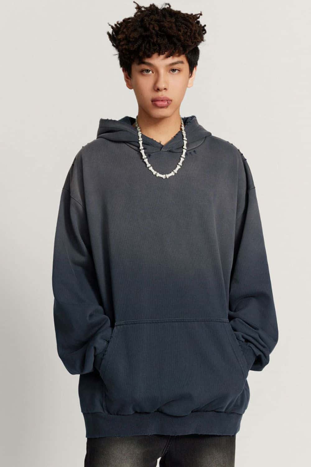 Ultra-Heavyweight Gradient-Wash Distressed Hoodie in Royal Blue - front modeled view