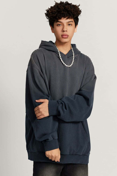 Ultra-Heavyweight Gradient-Wash Distressed Hoodie in Royal Blue - front modeled view