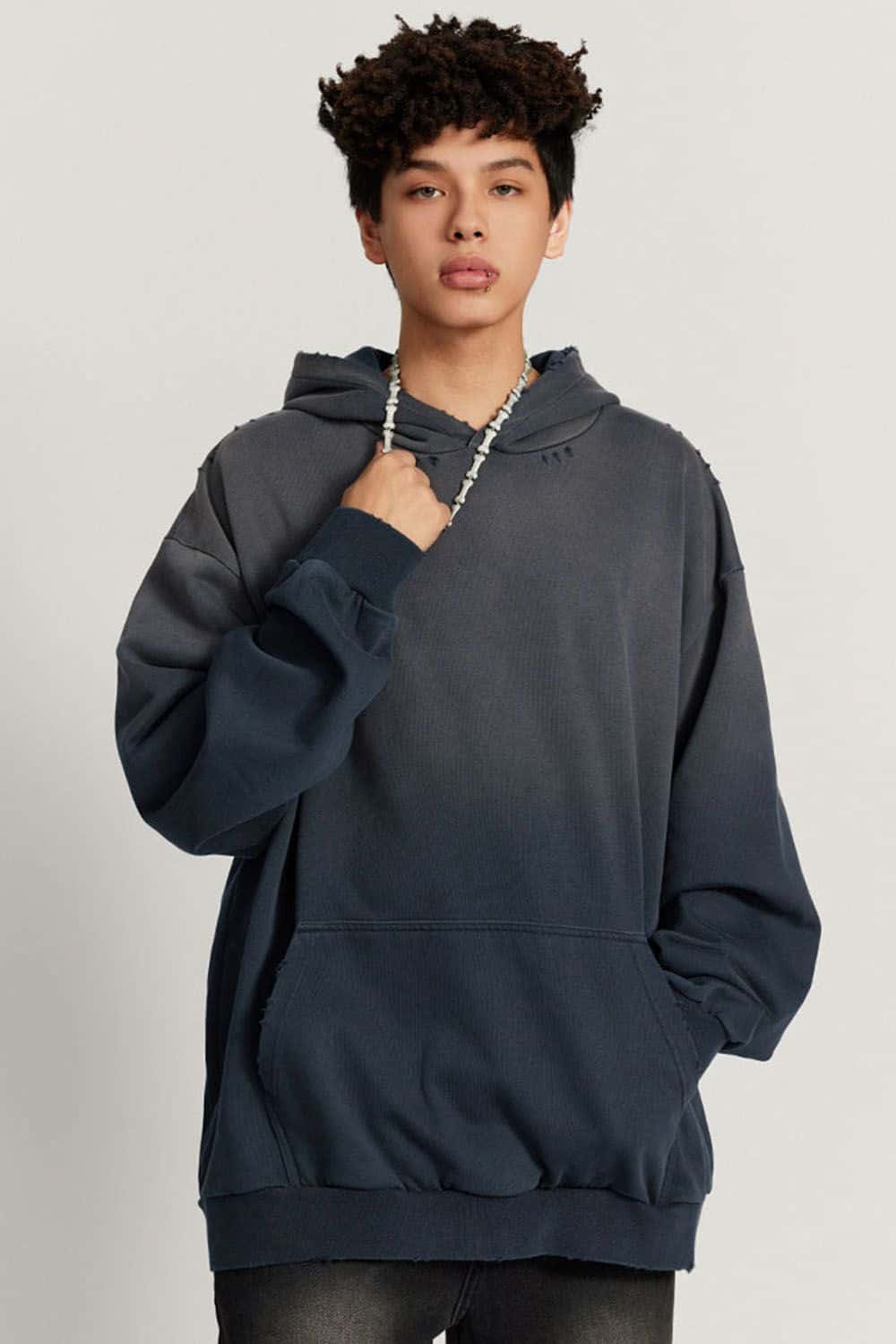 Ultra-Heavyweight Gradient-Wash Distressed Hoodie in Royal Blue - front modeled view