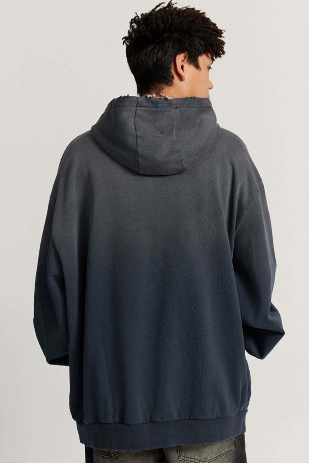 Ultra-Heavyweight Gradient-Wash Distressed Hoodie in Royal Blue - rear three-quarter modeled view