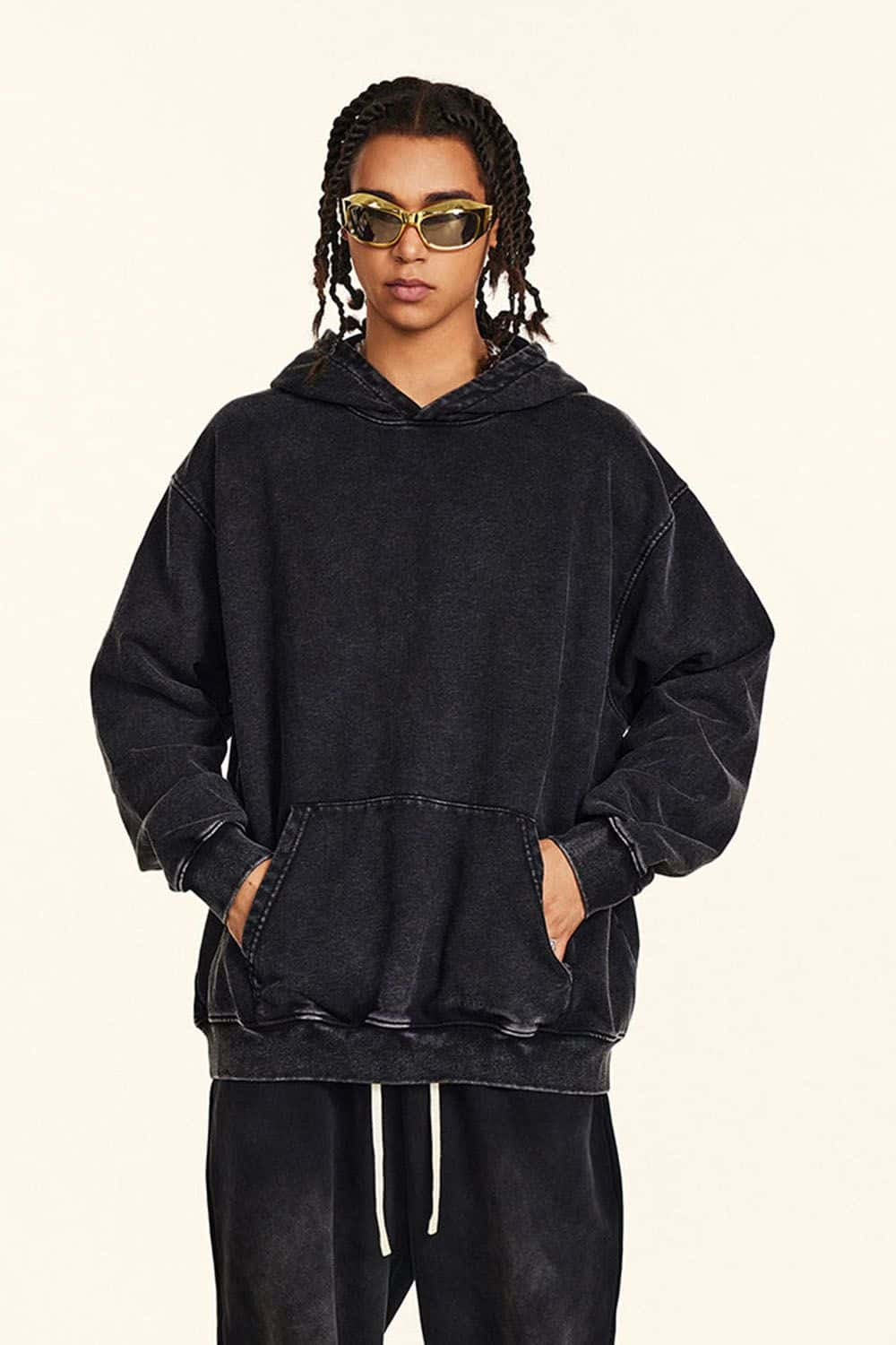 Loose-Fit Solid Color Washed Pullover Hoodie