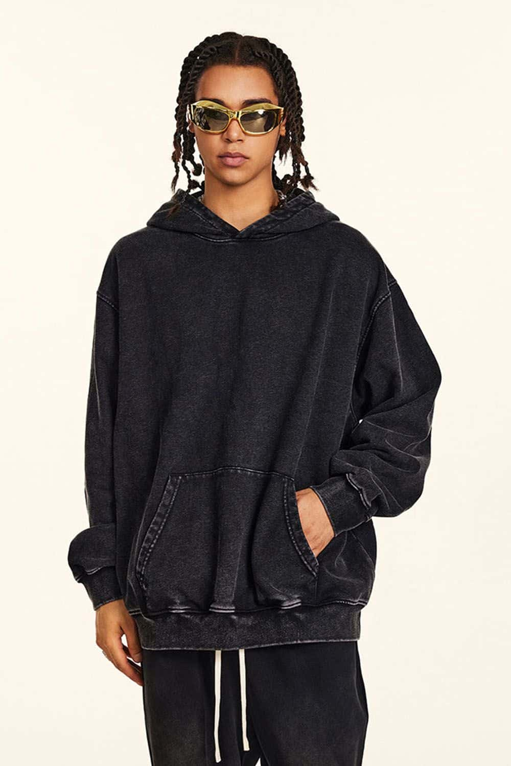 Loose-Fit Solid Color Washed Pullover Hoodie