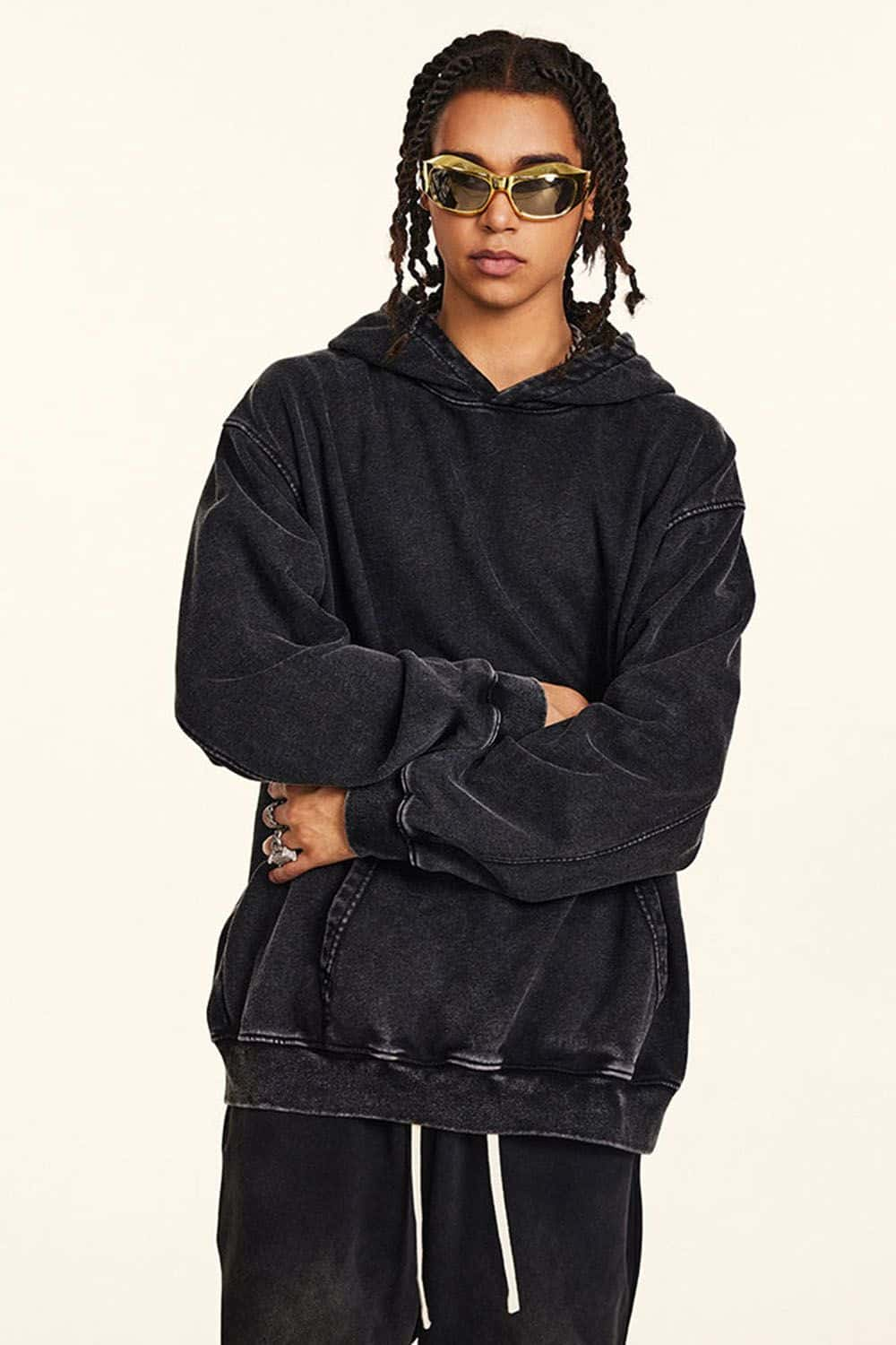 Loose-Fit Solid Color Washed Pullover Hoodie