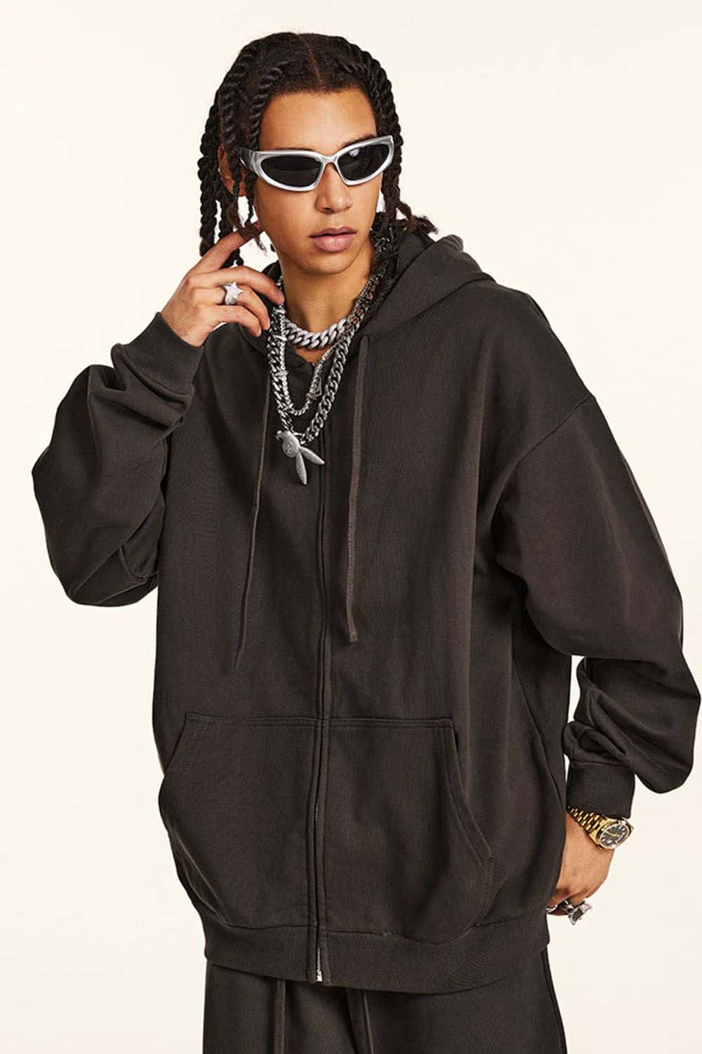 Loose Casual Solid Color Zip-Up Hoodie