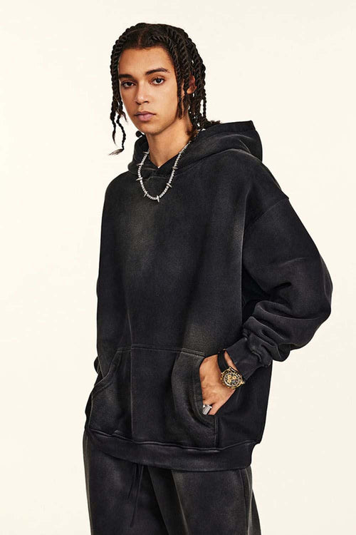 Heavyweight Washed Gradient Fleece Hoodie - Black