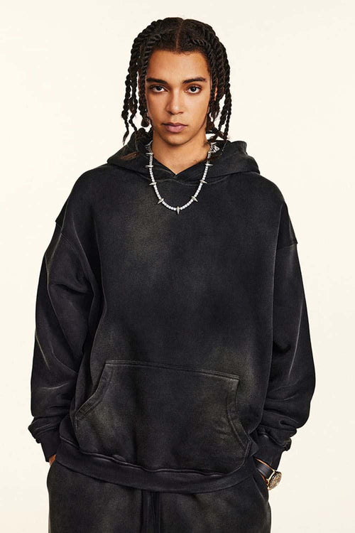 Heavyweight Washed Gradient Fleece Hoodie - Black