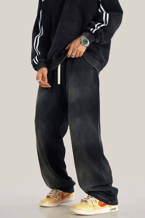 Distressed Vintage Wash Straight Sweatpants - Black