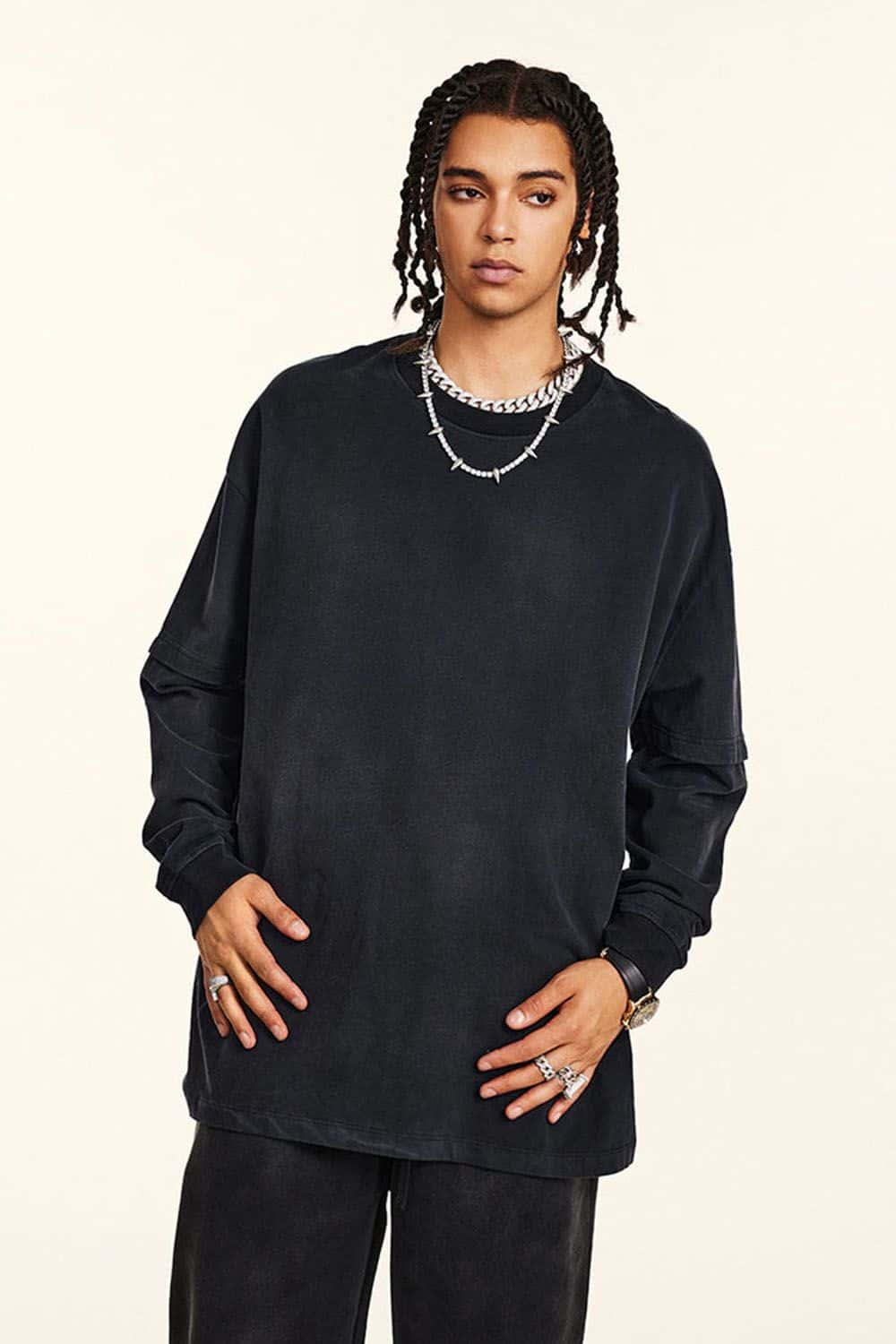 Washed Layered Long-Sleeve Crewneck T-Shirt