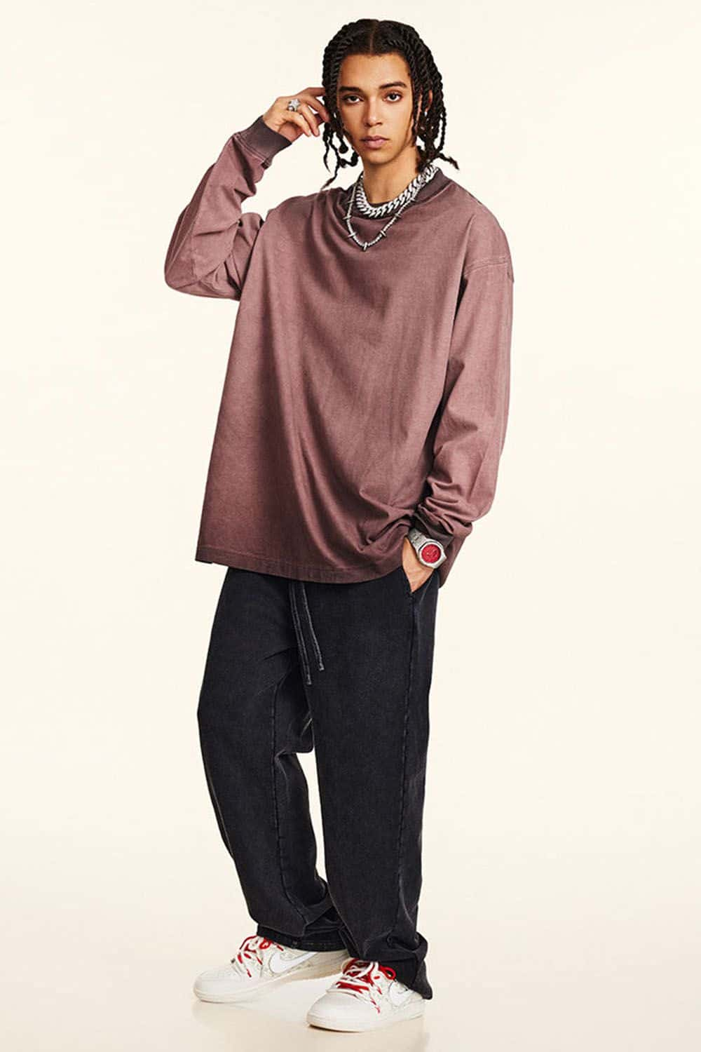 High-Street Distressed Long-Sleeve Oversized T-Shirt with Water Wash Finish