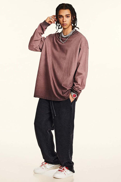 Washed Distressed Long-Sleeve Tee - Plum Purple