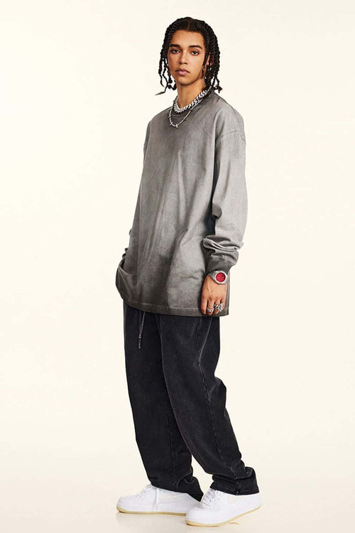 Washed Distressed Long-Sleeve Tee - Dark Gray