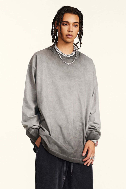 Washed Distressed Long-Sleeve Tee - Dark Gray