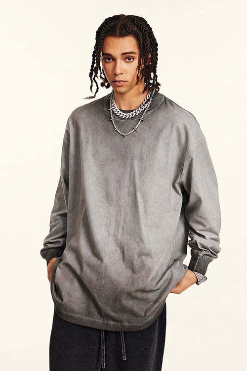 Washed Distressed Long-Sleeve Tee - Dark Gray