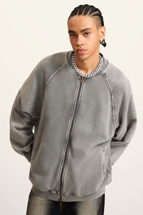 Heavyweight Terry Washed Raglan Jacket - Medium Gray