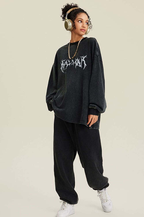 Washed Hand-Painted Graphic Relaxed Long-Sleeve Cotton T-Shirt in Fried Snowflakes - full-length front modeled view