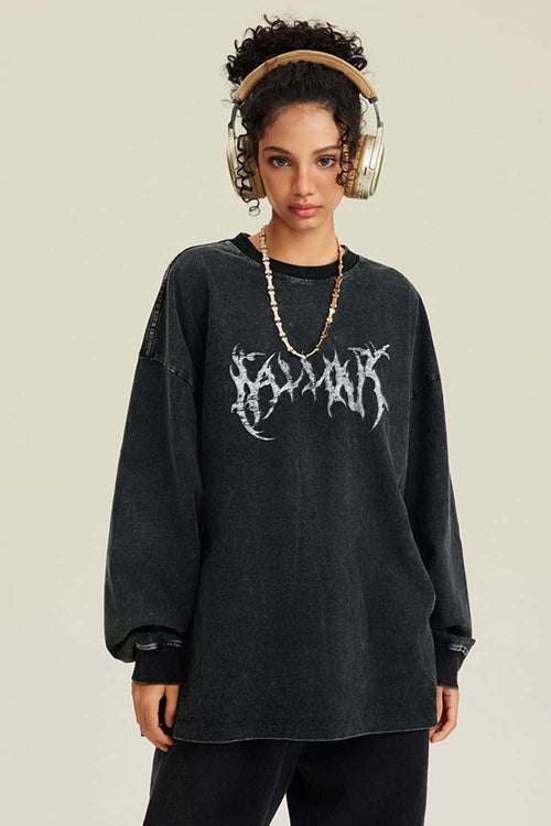 Washed Hand-Painted Graphic Relaxed Long-Sleeve Cotton T-Shirt in Fried Snowflakes - front modeled close-up
