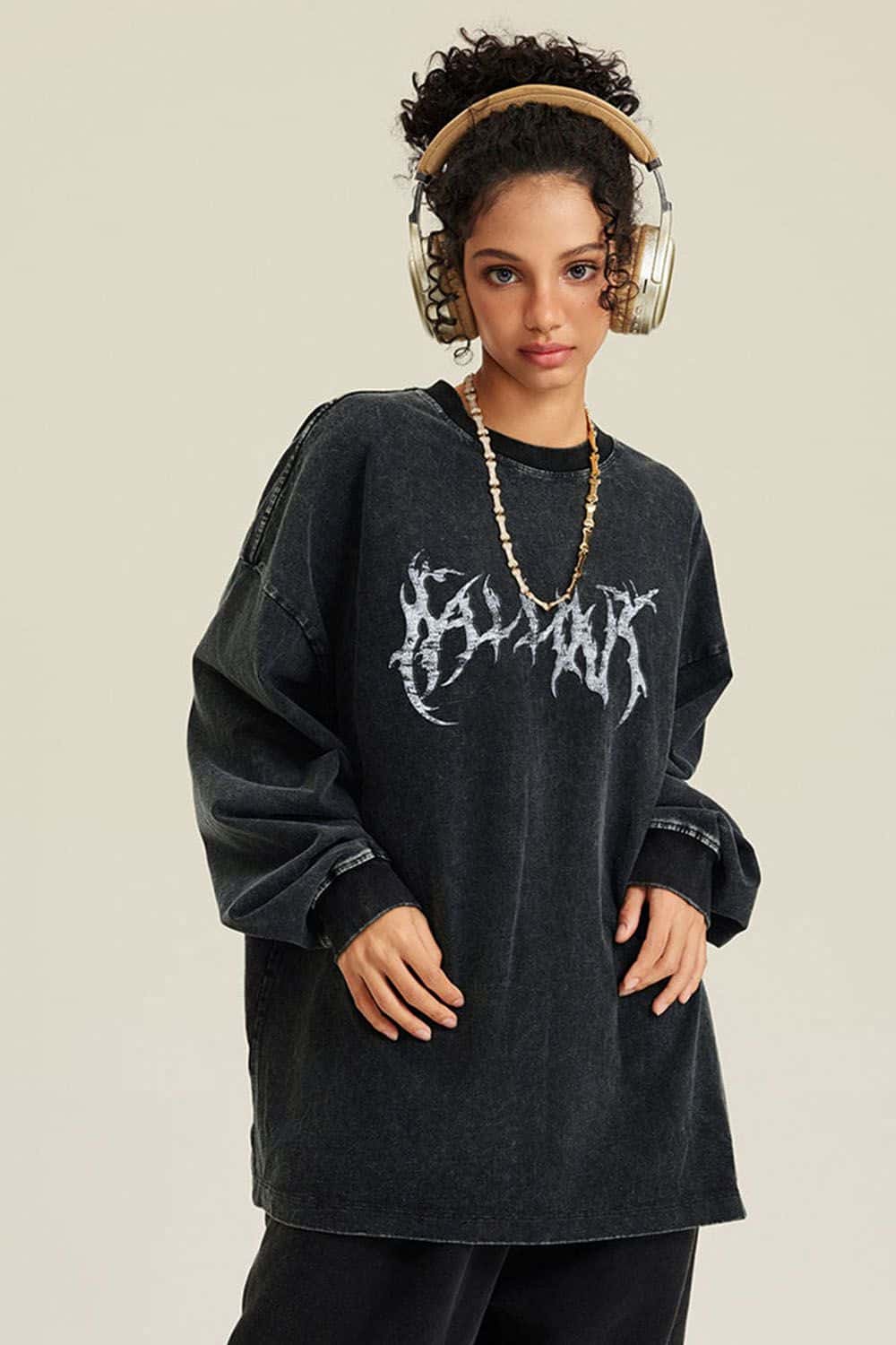 Washed Hand-Painted Graphic Relaxed Long-Sleeve Cotton T-Shirt in Fried Snowflakes - front modeled view
