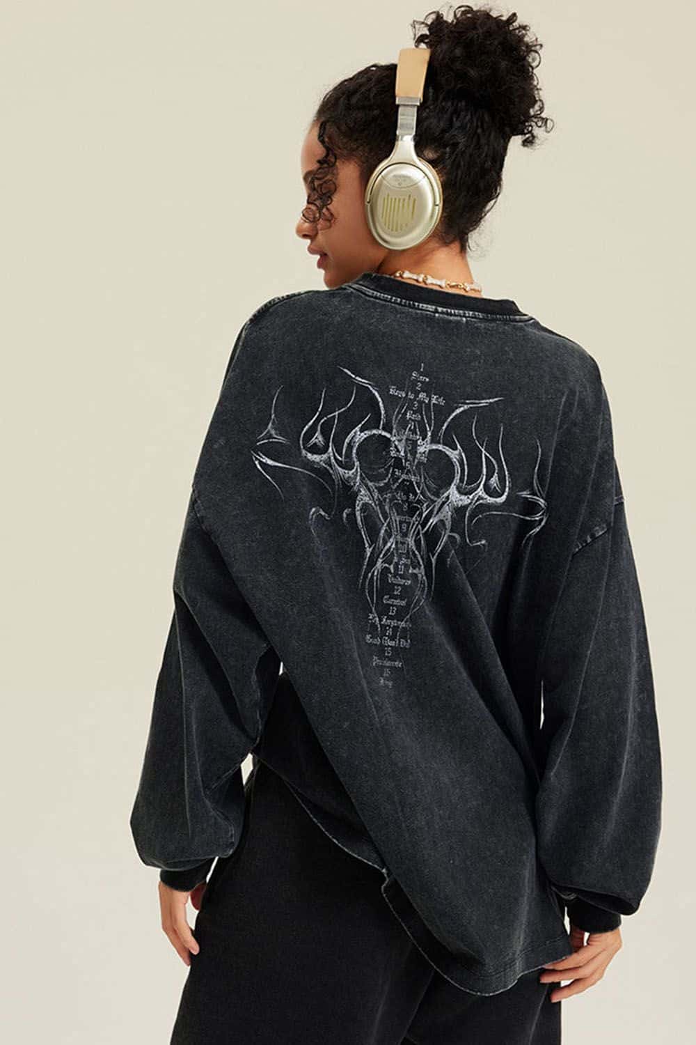 Washed Hand-Painted Graphic Relaxed Long-Sleeve Cotton T-Shirt in Fried Snowflakes - back modeled view