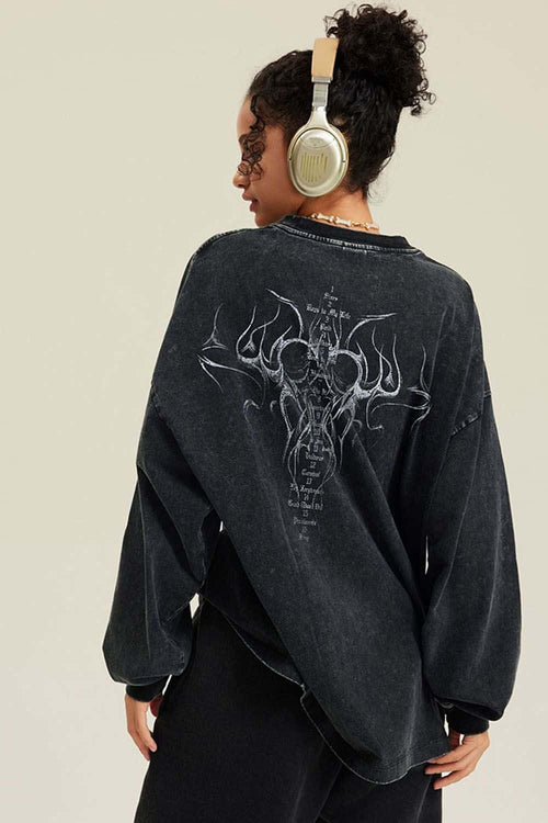 Washed Hand-Painted Graphic Relaxed Long-Sleeve Cotton T-Shirt in Fried Snowflakes - back modeled view