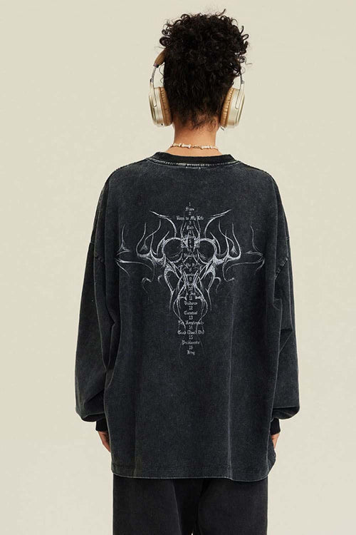 Washed Hand-Painted Graphic Relaxed Long-Sleeve Cotton T-Shirt in Fried Snowflakes - back modeled view