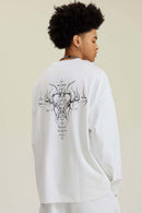 Washed Hand-Painted Graphic Relaxed Long-Sleeve Cotton T-Shirt in White - back modeled view