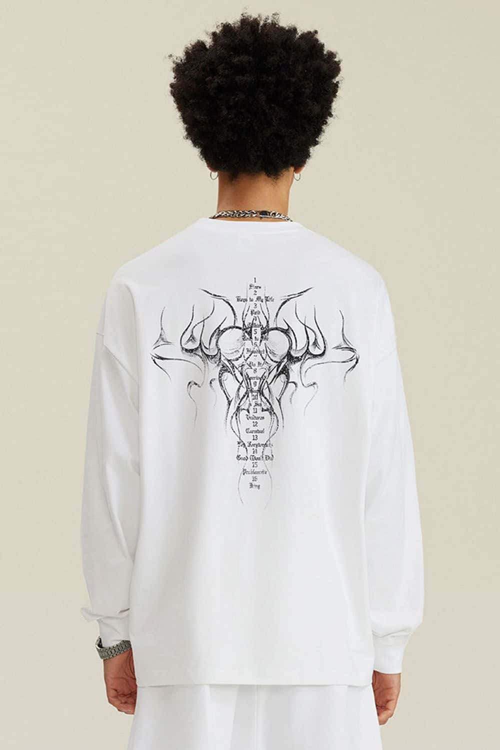 Washed Hand-Painted Graphic Relaxed Long-Sleeve Cotton T-Shirt in White - back modeled view