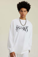 Washed Hand-Painted Graphic Relaxed Long-Sleeve Cotton T-Shirt in White - front modeled view