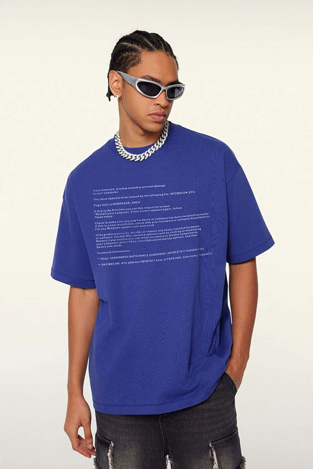 "Blue Screen Error" Printed Loose-Fit Short Sleeve T-Shirt