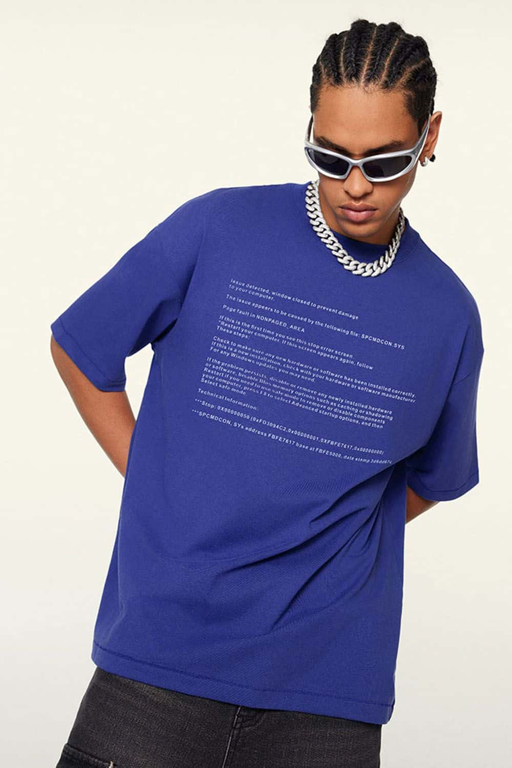 "Blue Screen Error" Printed Loose-Fit Short Sleeve T-Shirt