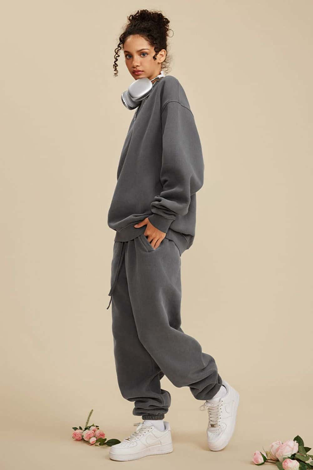 Street Style Water-Washed Fleece-Lined Half High-Neck Sweatshirt