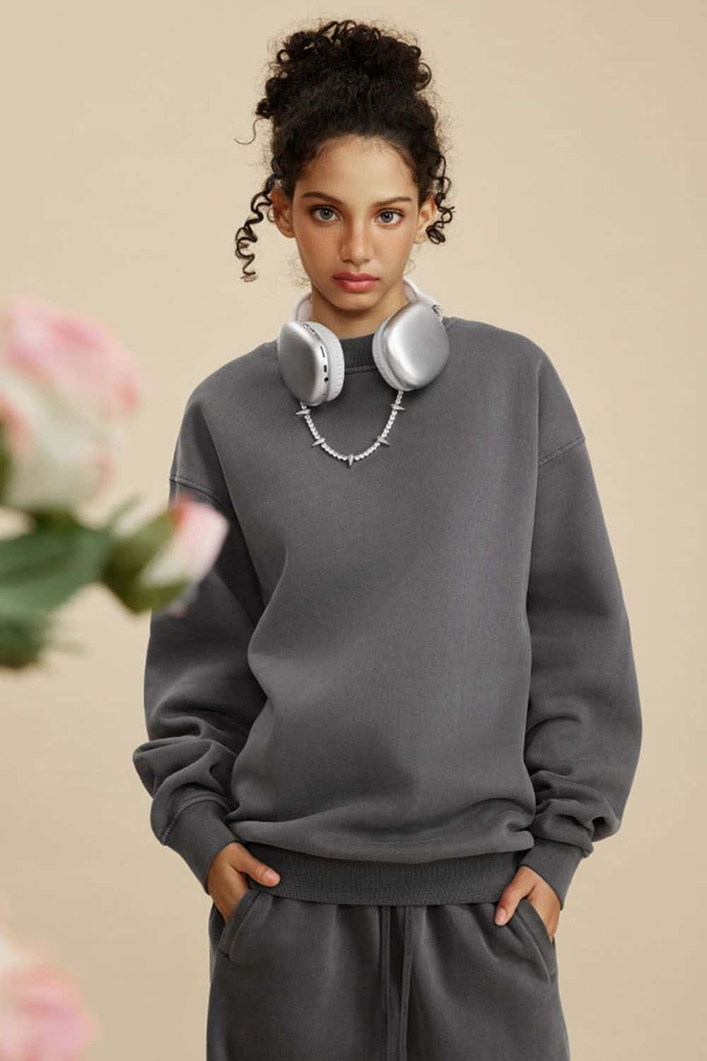 Street Style Water-Washed Fleece-Lined Half High-Neck Sweatshirt