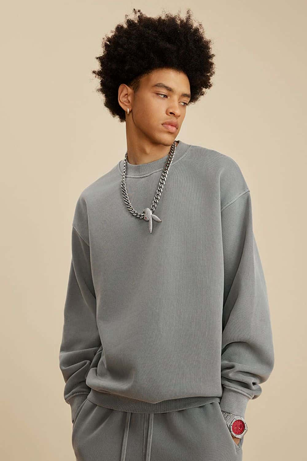 Street Style Water-Washed Fleece-Lined Half High-Neck Sweatshirt