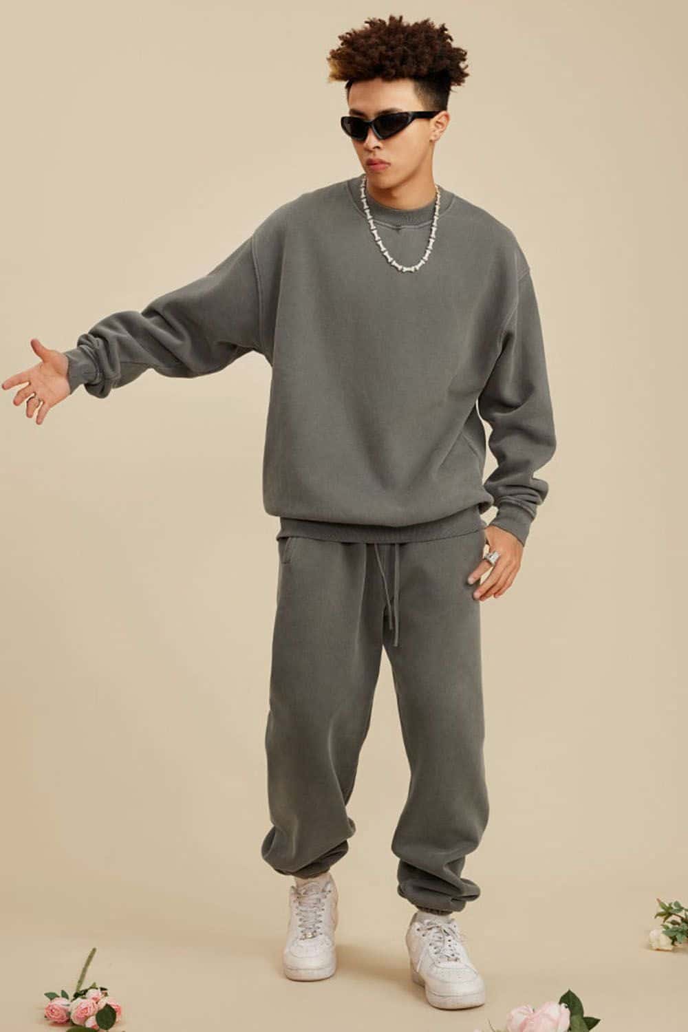 Washed Fleece-Lined Relaxed Crew-Neck Sweatshirt in Coffee - full-length front modeled view