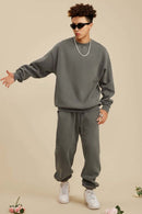 Washed Fleece-Lined Relaxed Crew-Neck Sweatshirt in Coffee - full-length front modeled view