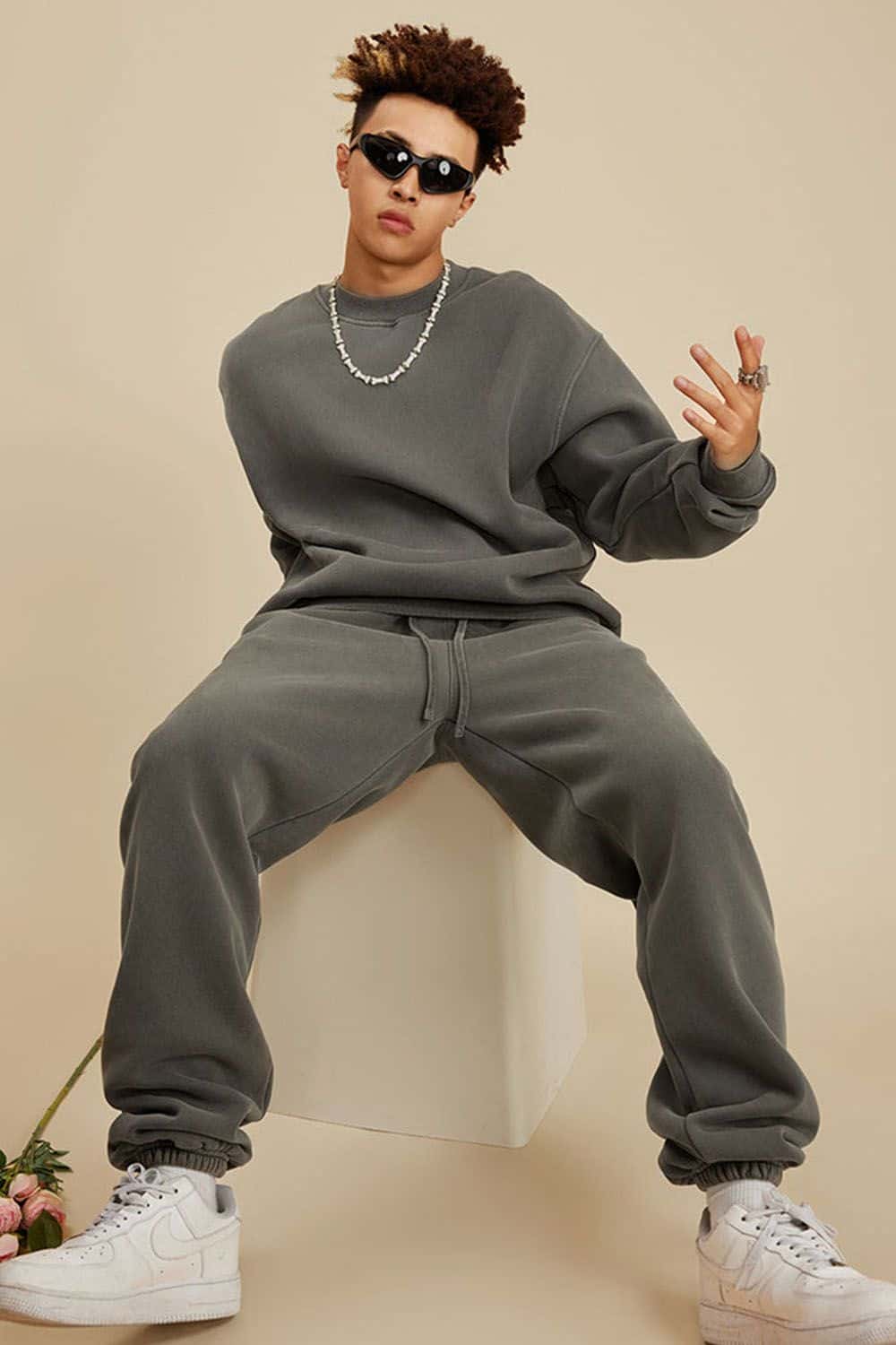 Washed Fleece-Lined Relaxed Crew-Neck Sweatshirt in Coffee - full-length front modeled view