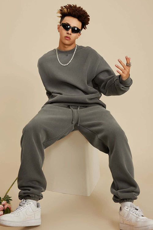 Washed Fleece-Lined Relaxed Crew-Neck Sweatshirt in Coffee - full-length front modeled view