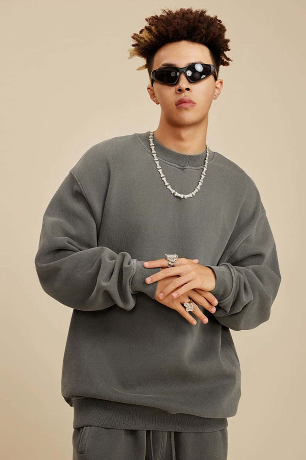 Washed Fleece-Lined Relaxed Crew-Neck Sweatshirt in Coffee - front modeled close-up
