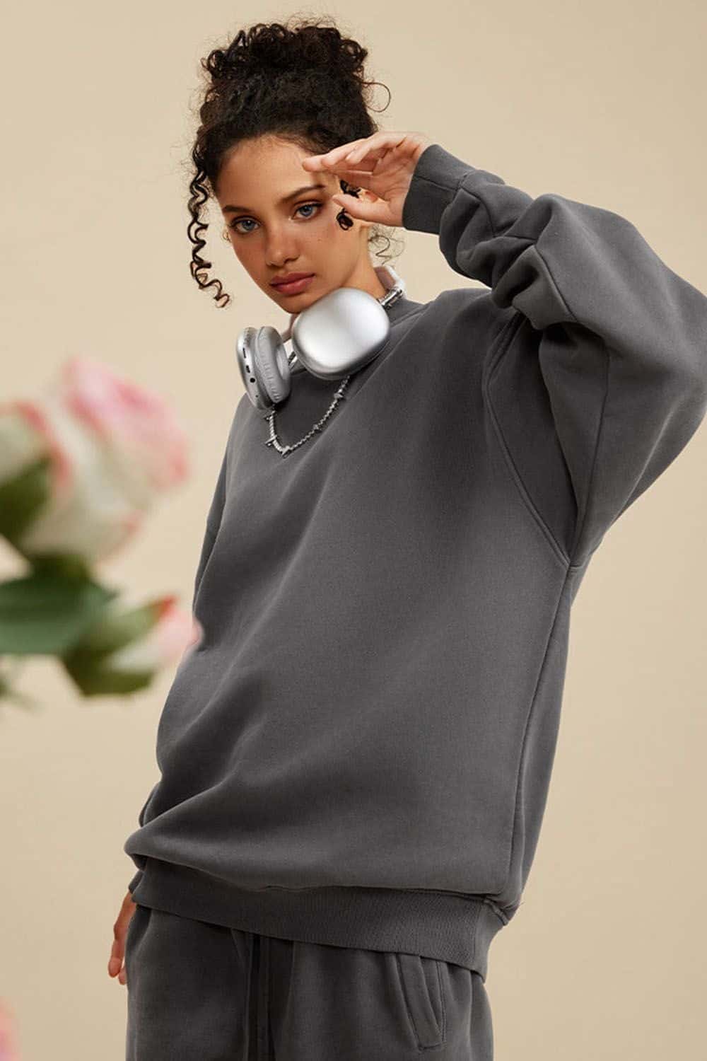Washed Fleece-Lined Relaxed Crew-Neck Sweatshirt in Dark Gray - front modeled close-up