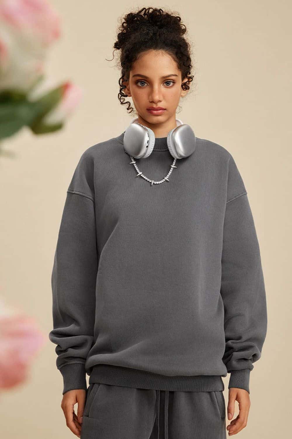 Washed Fleece-Lined Relaxed Crew-Neck Sweatshirt in Dark Gray - front modeled close-up