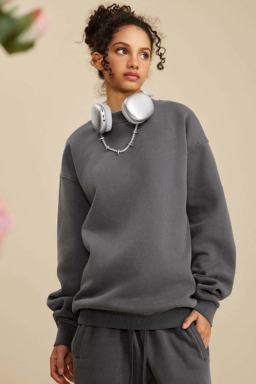 Washed Fleece-Lined Relaxed Crew-Neck Sweatshirt in Dark Gray - front modeled close-up
