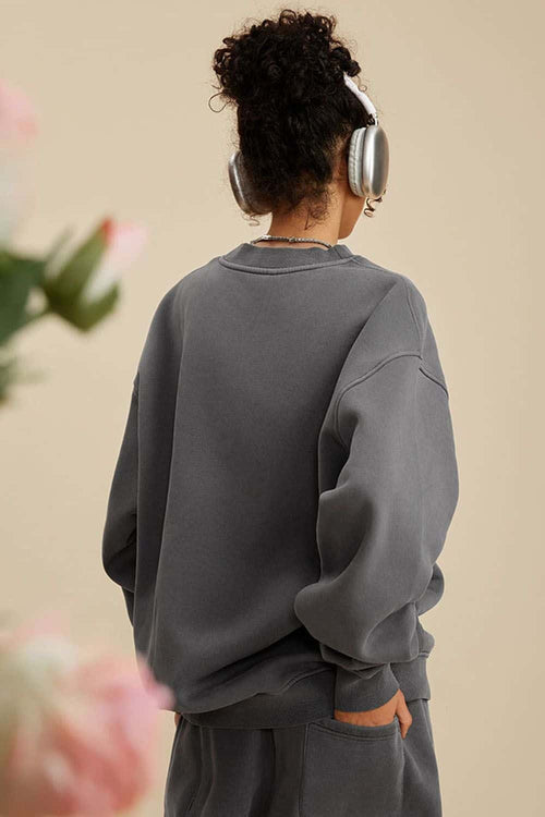 Washed Fleece-Lined Relaxed Crew-Neck Sweatshirt in Dark Gray - back modeled view