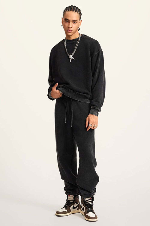 Washed Fleece-Lined Relaxed Crew-Neck Sweatshirt in Fried Snowflakes - full-length front modeled view