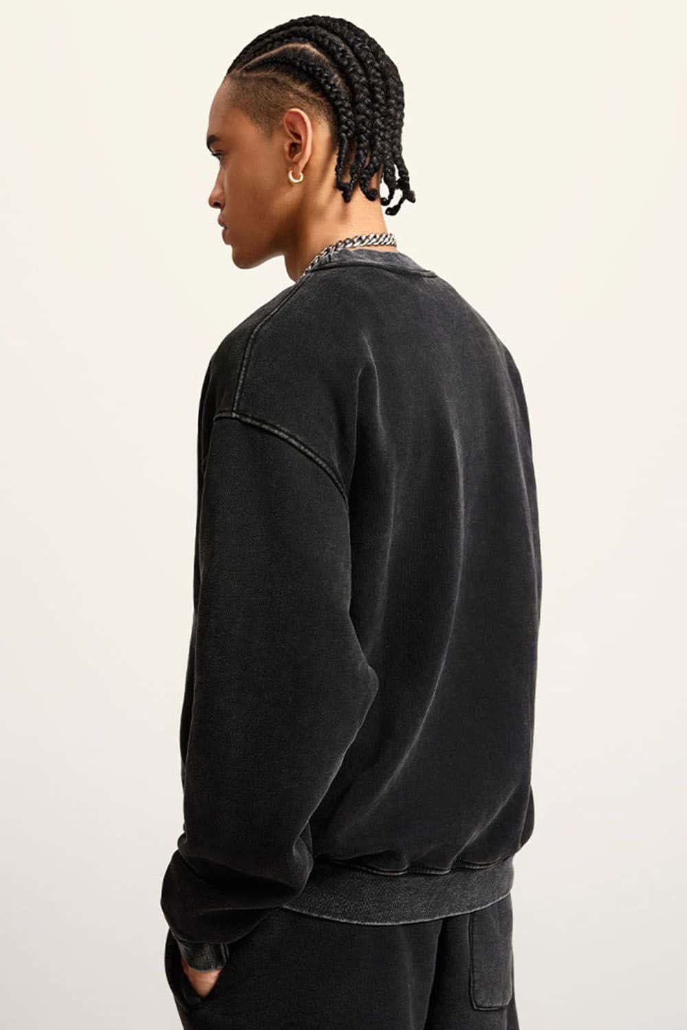 Washed Fleece-Lined Relaxed Crew-Neck Sweatshirt in Fried Snowflakes - back modeled view