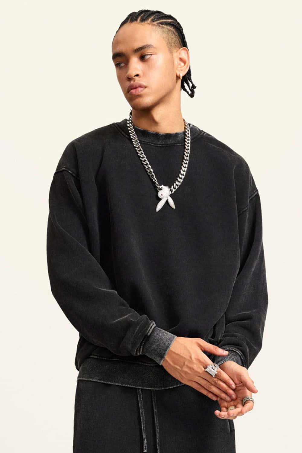 Washed Fleece-Lined Relaxed Crew-Neck Sweatshirt in Fried Snowflakes - three-quarter front modeled view
