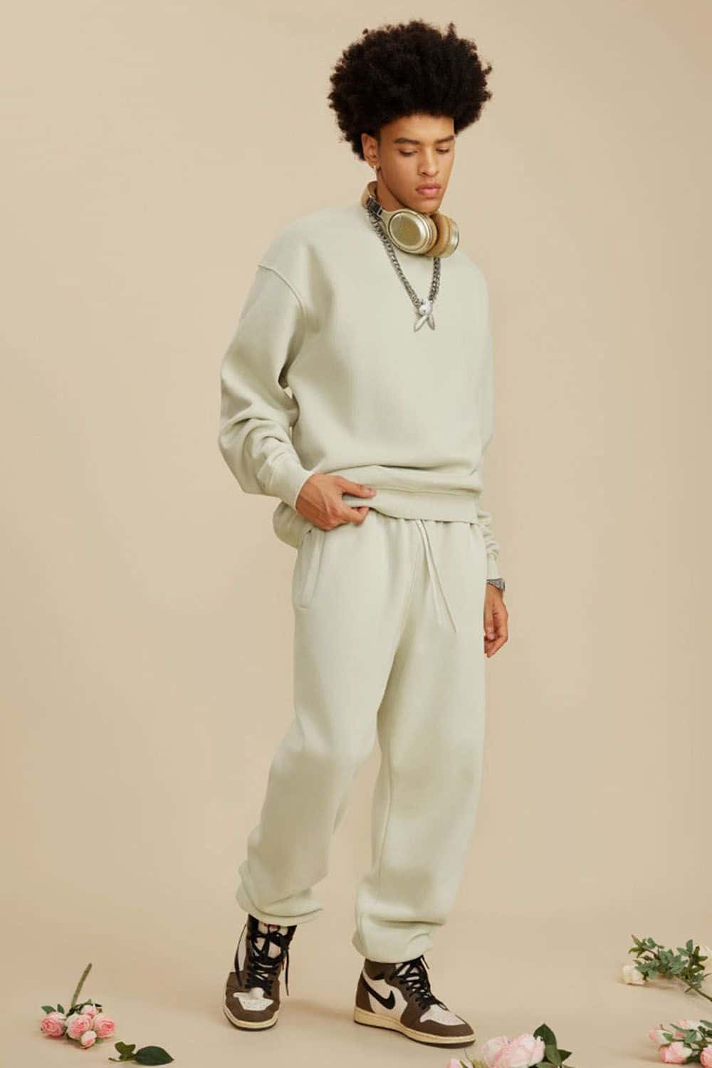 Washed Fleece-Lined Relaxed Crew-Neck Sweatshirt in Gray Apricot - full-length front modeled view