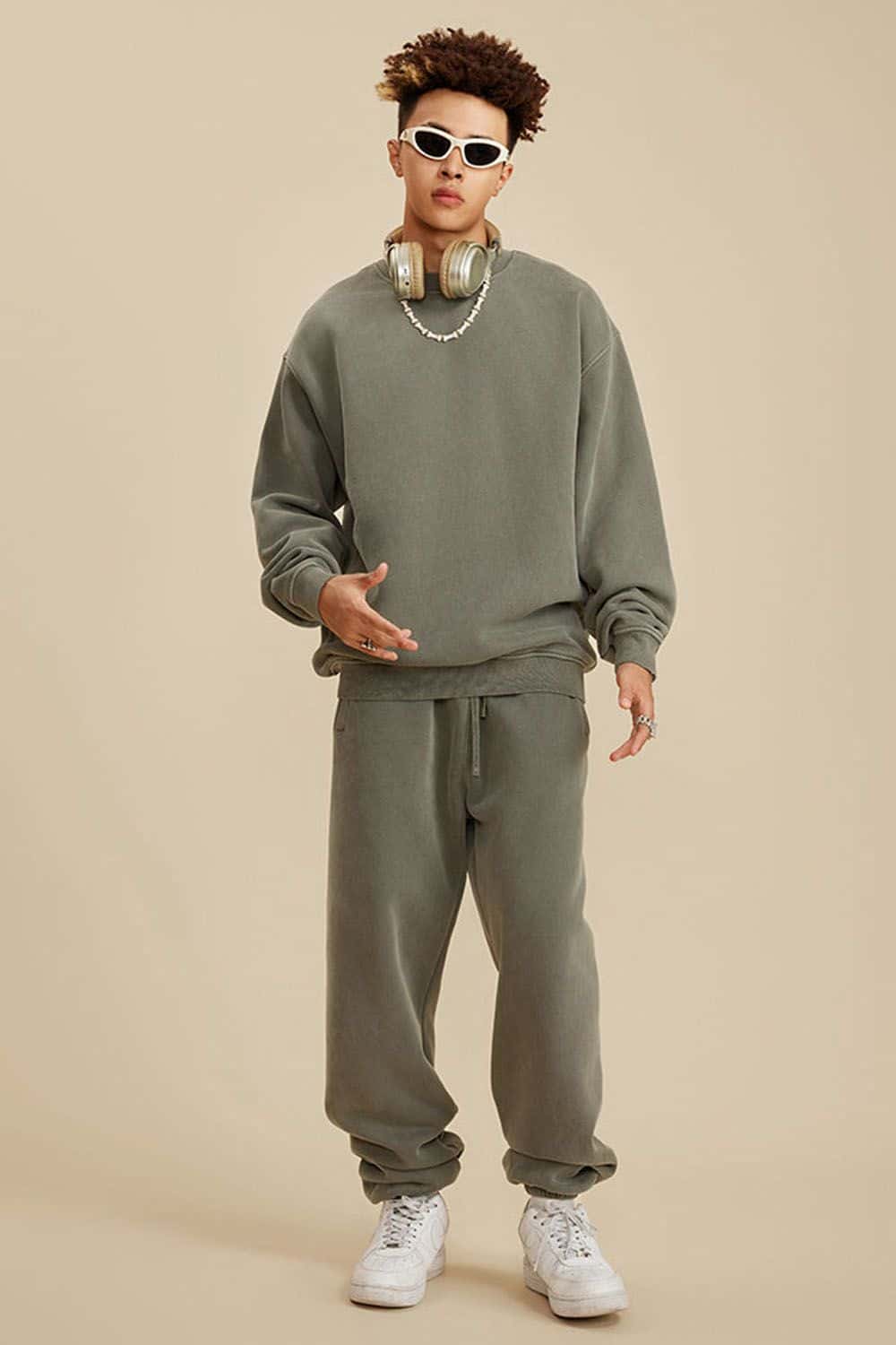 Washed Fleece-Lined Relaxed Crew-Neck Sweatshirt in Grayish Green - full-length front modeled view