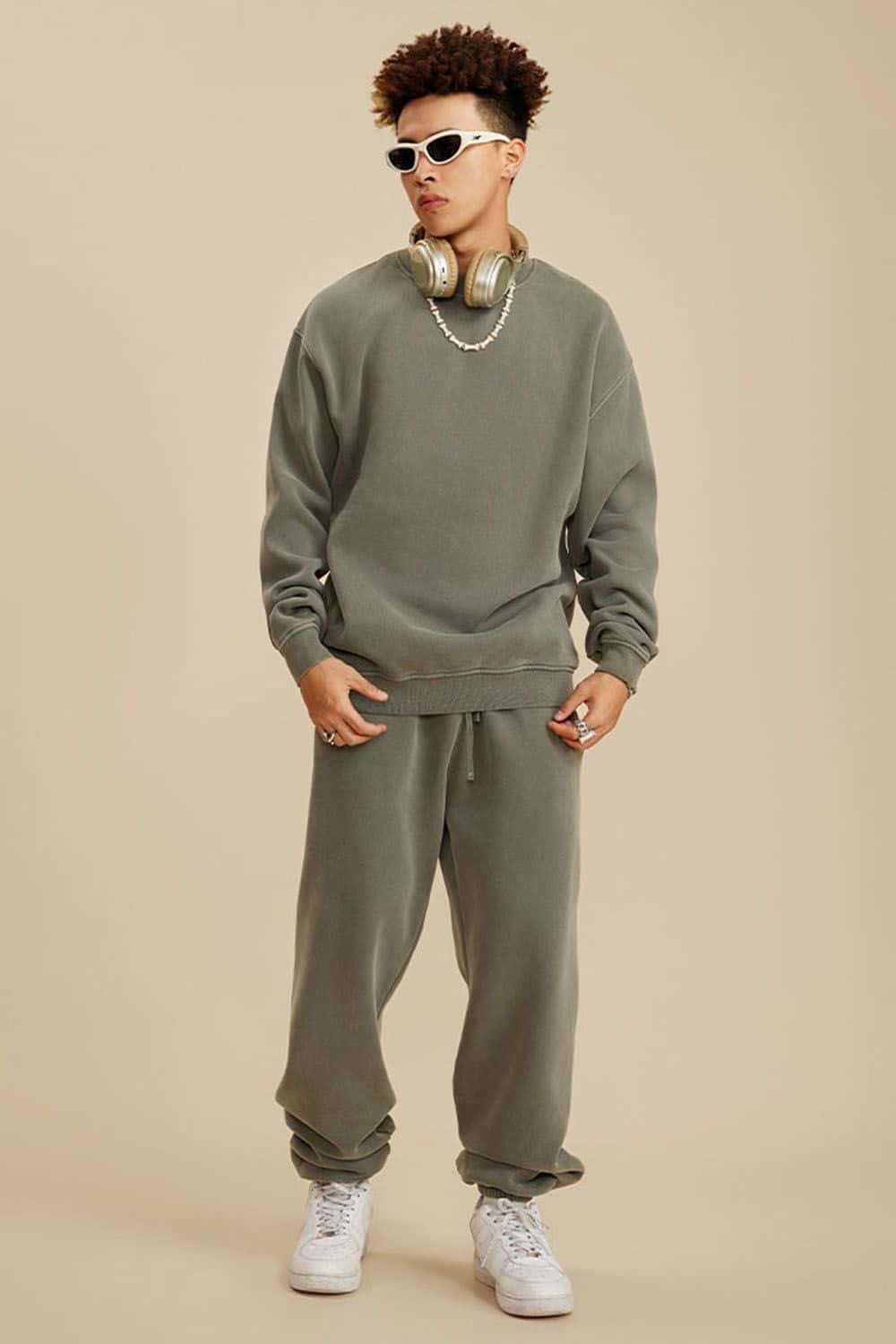 Washed Fleece-Lined Relaxed Crew-Neck Sweatshirt in Grayish Green - full-length front modeled view