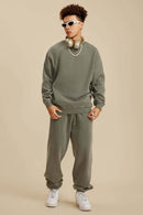 Washed Fleece-Lined Relaxed Crew-Neck Sweatshirt in Grayish Green - full-length front modeled view